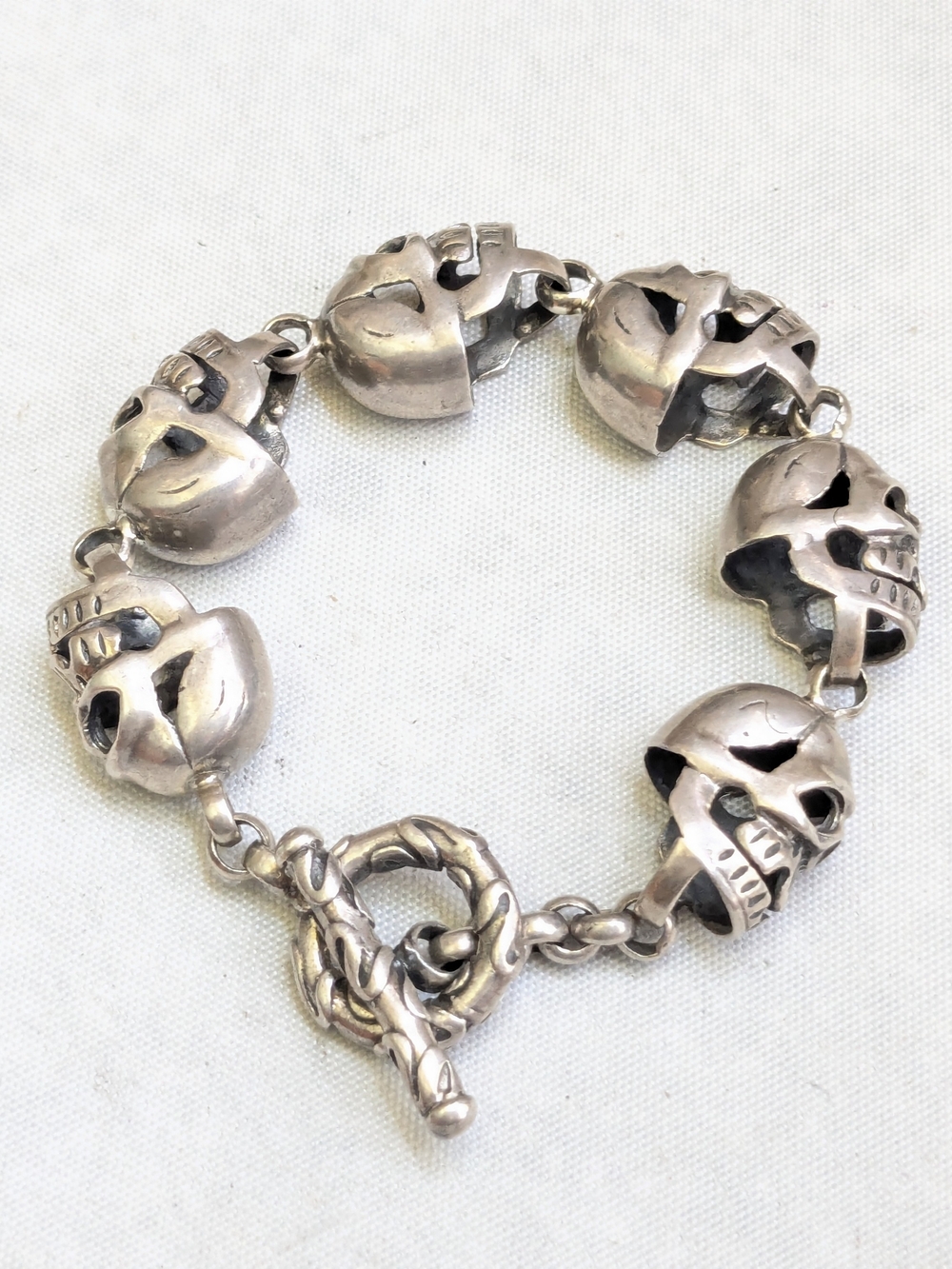 Sterling Silver Skull Bracelet 6.25" Punk Biker Skeleton Toggle